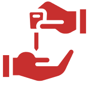 a red icon of a hand giving another hand a key