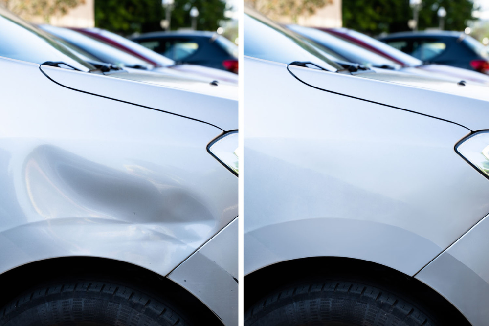 dent repair, Auto Repair & Service, Auto Body Repair & Auto Collision Repair in McAllen, Edinburg & Harlingen, TX. Side-by-side image showing a silver vehicle fender before and after dent removal, highlighting smooth panel restoration.