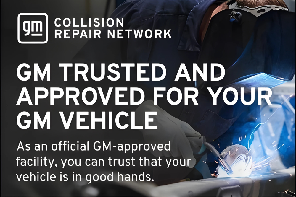 GM collision repair, Auto Repair & Service, Auto Body Repair & Auto Collision Repair in McAllen, Edinburg & Harlingen, TX. GM Collision Repair Network banner showing certified auto repair approval.
