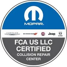 Blue and gray Mopar badge with FCA US LLC Certified Collision Repair Center text. Logos for Chrysler, Dodge, Fiat, Jeep, Ram displayed above.