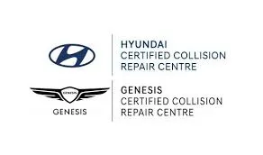 Logos for Hyundai and Genesis Certified Collision Repair Centre. Hyundai logo is above text; Genesis logo is beside its text, both on a white background.