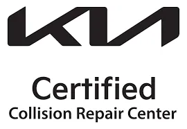 Kia logo above text reading "Certified Collision Repair Center" in bold black lettering on a white background, conveying professionalism and trust.