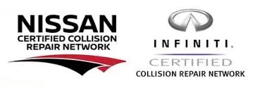 Logos for Nissan and Infiniti Certified Collision Repair Networks side by side, featuring bold text and sleek design elements in black, red, and grey.