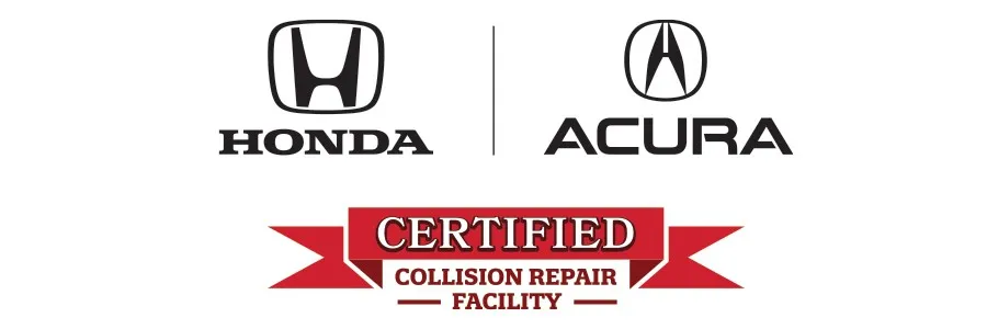 Logos of Honda and Acura side by side above a red banner reading "Certified Collision Repair Facility," conveying authorized repair services.