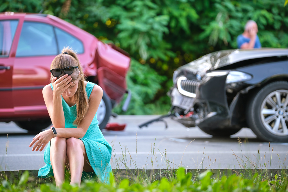 Certified vs. Non-Certified Collision Repair in Harlingen, TX by Premium Automotive. Image of a distressed driver sitting roadside after a car crash, with two vehicles showing visible front and rear damage, highlighting the importance of professional collision repair, towing, and post-accident safety inspections.