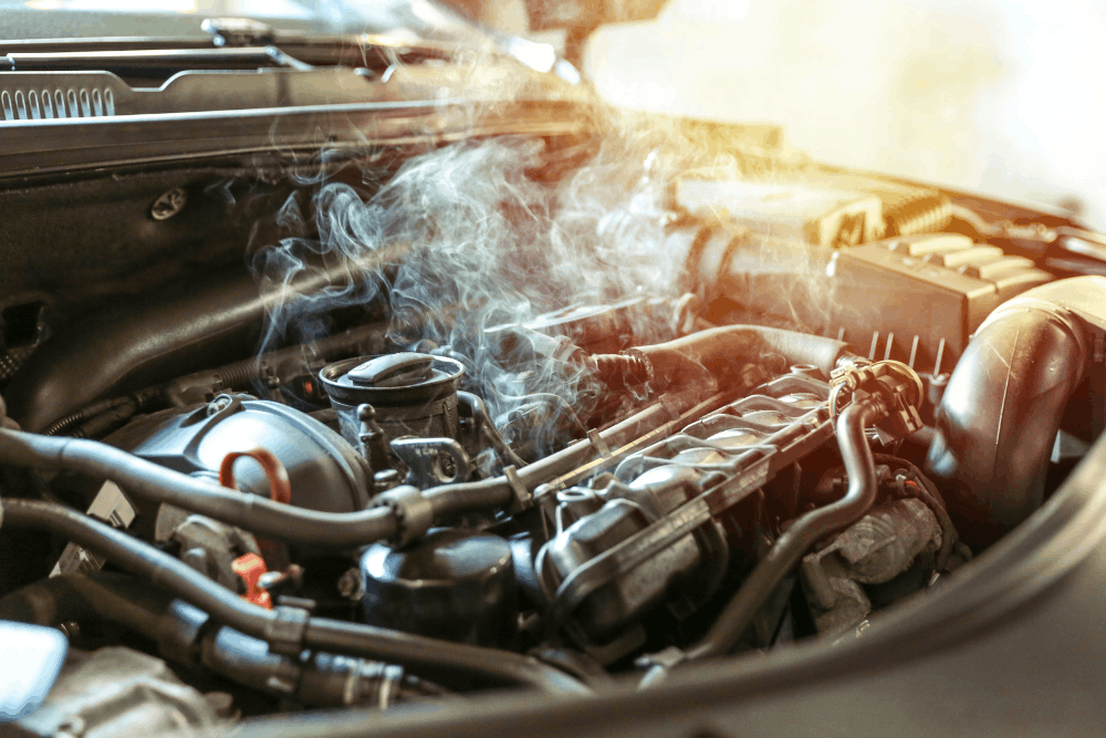 Cooling system service, auto repair in McAllen, TX by Premium Automotive. Image of an overheating engine with steam rising from the engine bay. Highlighting proper temperature control, engine protection, and long-term vehicle performance and safety.
