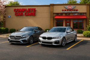 Mercedes and BMW maintenance in McAllen, TX, by Premium Automotive. An AI-generated image of BMW and Mercedes-Benz vehicles parked outside Premium Automotive, highlighting specialized diagnostics, performance-focused care, and reliable service for luxury vehicles.